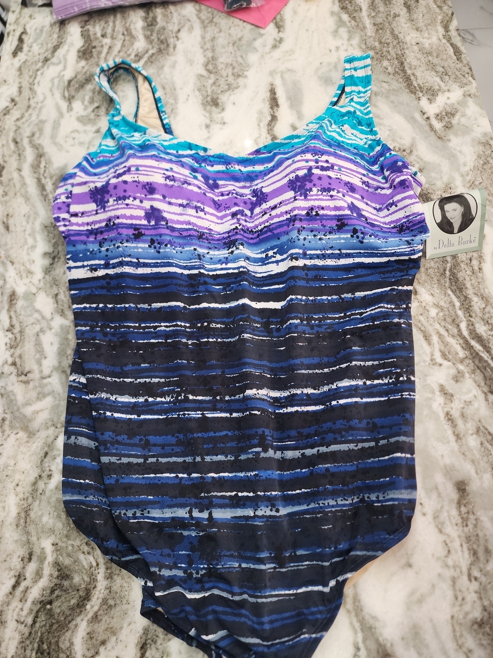 Delta Burke Blue Purple Striped One-Piece Swimsuit Nwt 28W